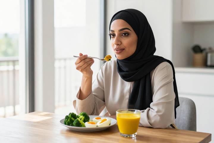 امرأة عربية تتناول وجبة إفطار صحية في الصباح