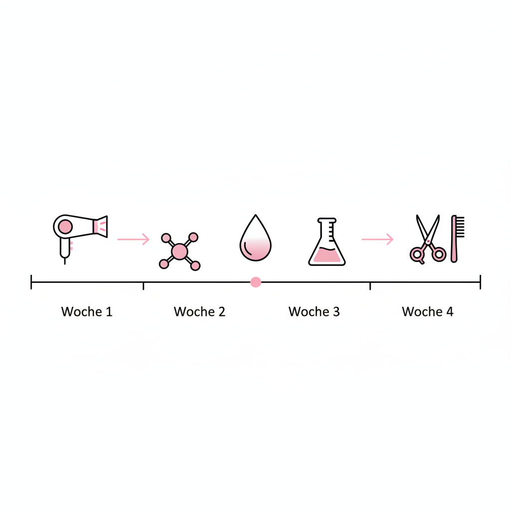 Minimalistische 2D-Vektor-Infografik zur 4‑Wochen-Routine gegen brüchiges Haar mit Icons für Hitze, Protein, Feuchtigkeit, Laborwerte und Salonbehandlung.