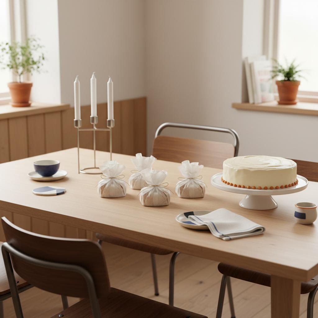 Esstisch mit gastgeschenke kommunion: mehrere kleine Geschenkpakete, schlichter Vanillekuchen, warme Lichtstimmung, Metallakzente und Holzoberfläche