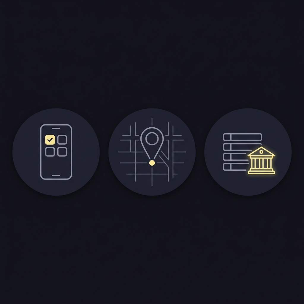 Minimalist 2D vector three step infographic showing check app smartphone icon confirm geolocation location pin and check state regulator catalog icon on dark Funded Plays background for nba mvp betting