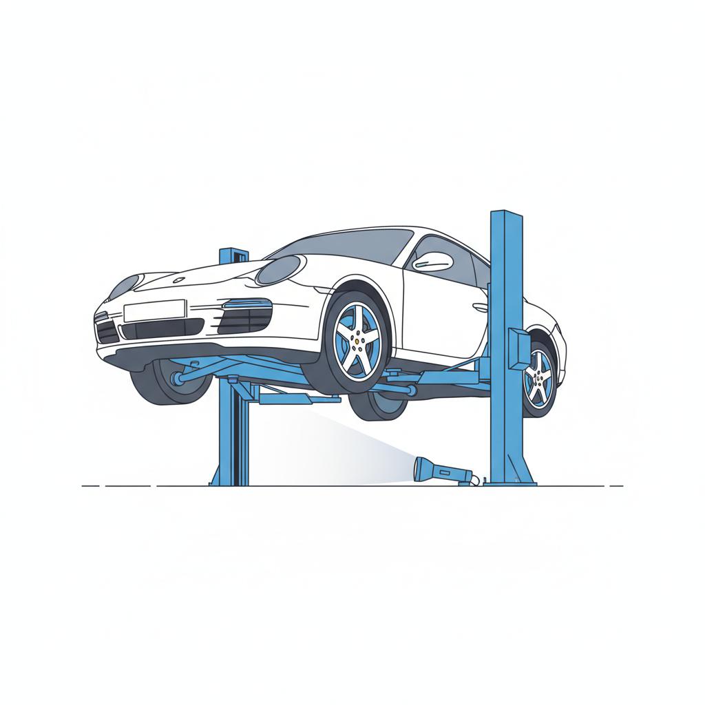 used porsche for sale underside view of a Porsche on a lift showing air suspension components and control arms minimalist 2D vector graphic on white background with blue accents