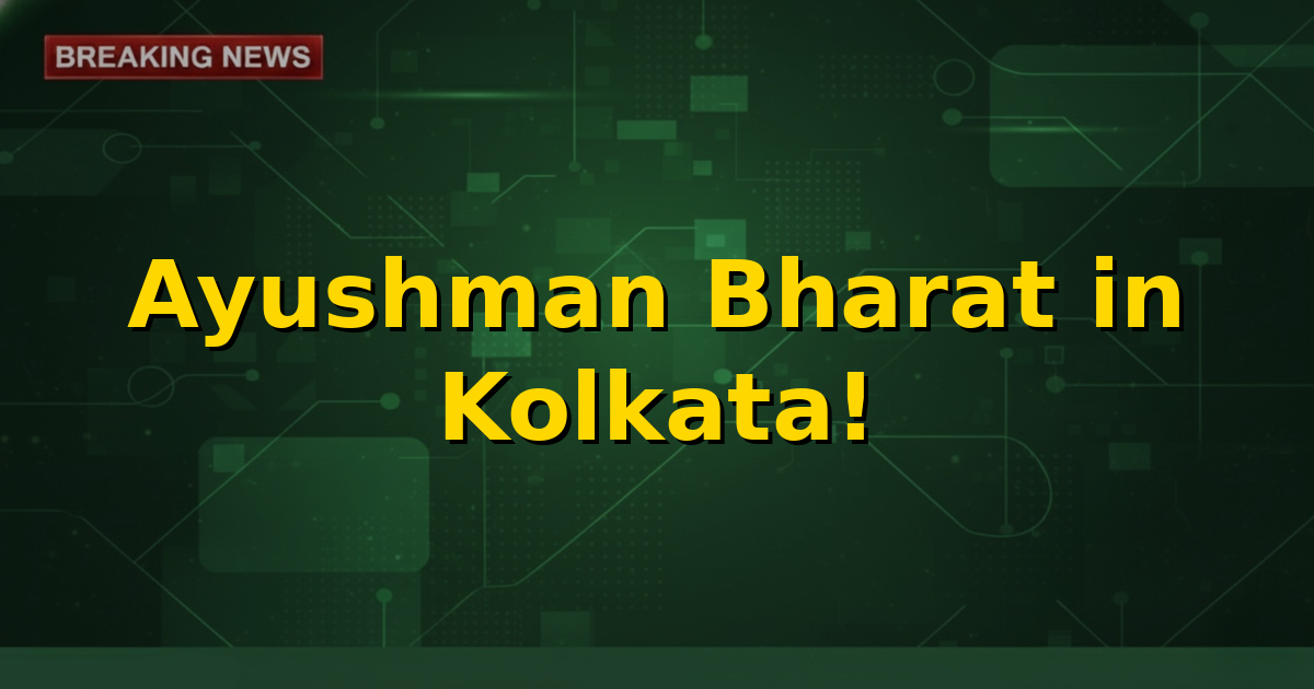 A modern hospital building in Kolkata with the Ayushman Bharat logo subtly overlaid, symbolizing healthcare access.