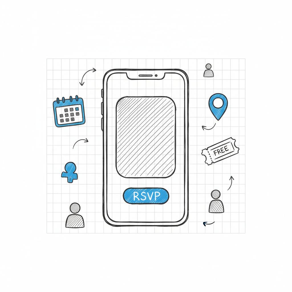 Minimal 2D vector hand-drawn graphic of a mobile screen mockup showing how to post an event on Nextdoor: thumbnail placeholder and RSVP button on white background.