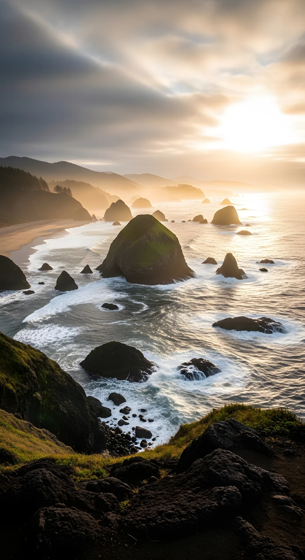 Golden Sunrise Over Rugged Coastal Sea Stacks - Free 4K mobile Wallpaper