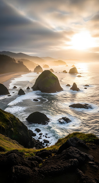 Golden Sunrise Over Rugged Coastal Sea Stacks - Free mobile Wallpaper