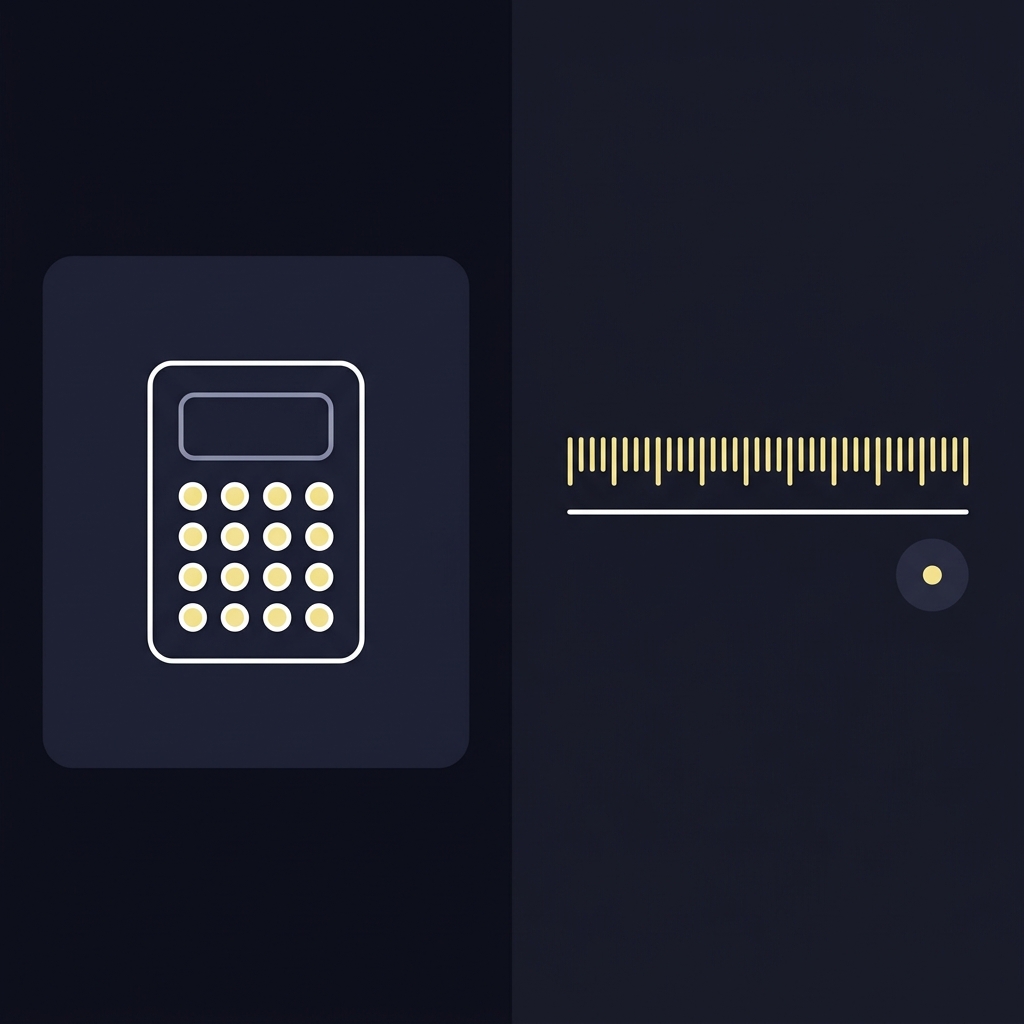 Minimal 2D vector split screen showing a calculator icon and a visual long fraction represented by a long numerator bar and a small denominator element illustrating aceodds odds converter