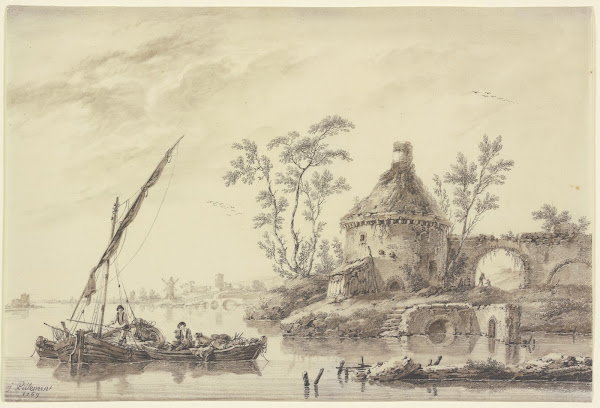 Flache Küstenlandschaft mit einem alten Turm und Windmühle 1769