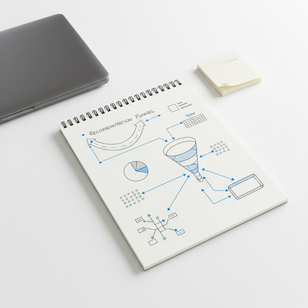 Minimalist top-down desk scene with a closed laptop, notebook sketches of recommendation funnels and data-to-product arrows, and sticky notes illustrating artificial intelligence in entrepreneurship.
