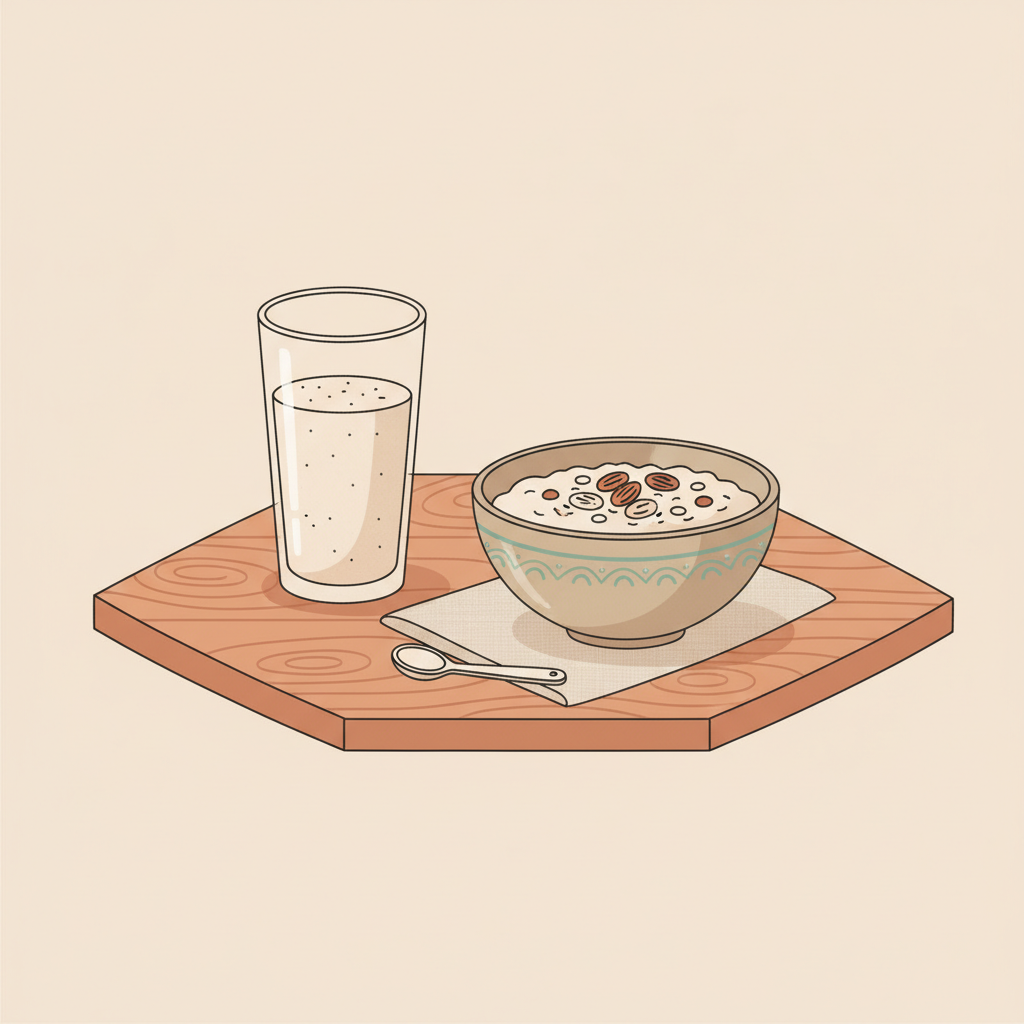 Minimalistische 2D-Vektoraufnahme: Glas mit pflanzlichem Protein‑Shake neben Schale Haferflocken und Nüssen auf nachhaltigem Holztisch, natürliche Alltagstauglichkeit, krafttraining gesundheit