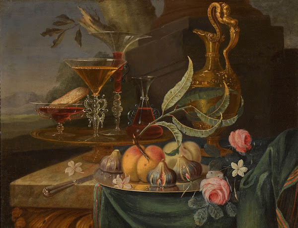 Still life with peaches and figs on a pewter plate together with glasses and a e