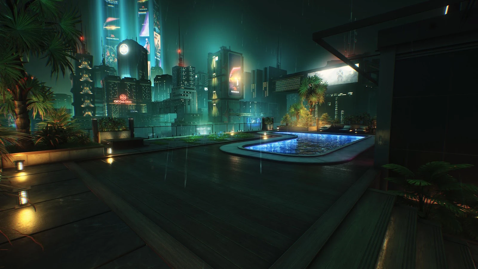 Cyberpunk 2077 Penthouse Rooftop View - Video Game Screenshot 5K Wallpaper (5120x2880)
