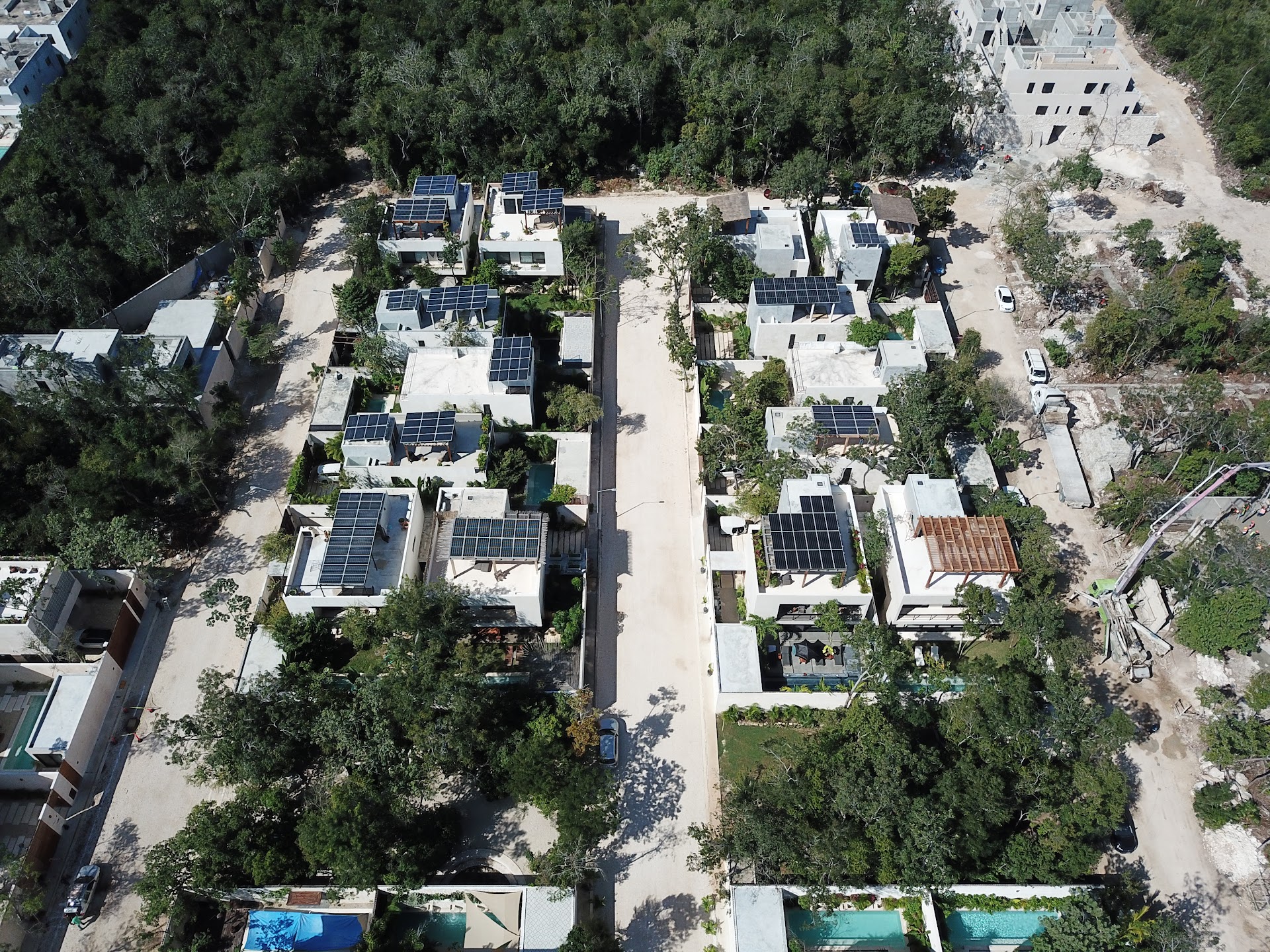Aerial view of Florafauna's homes and park within the Tulum jungle
