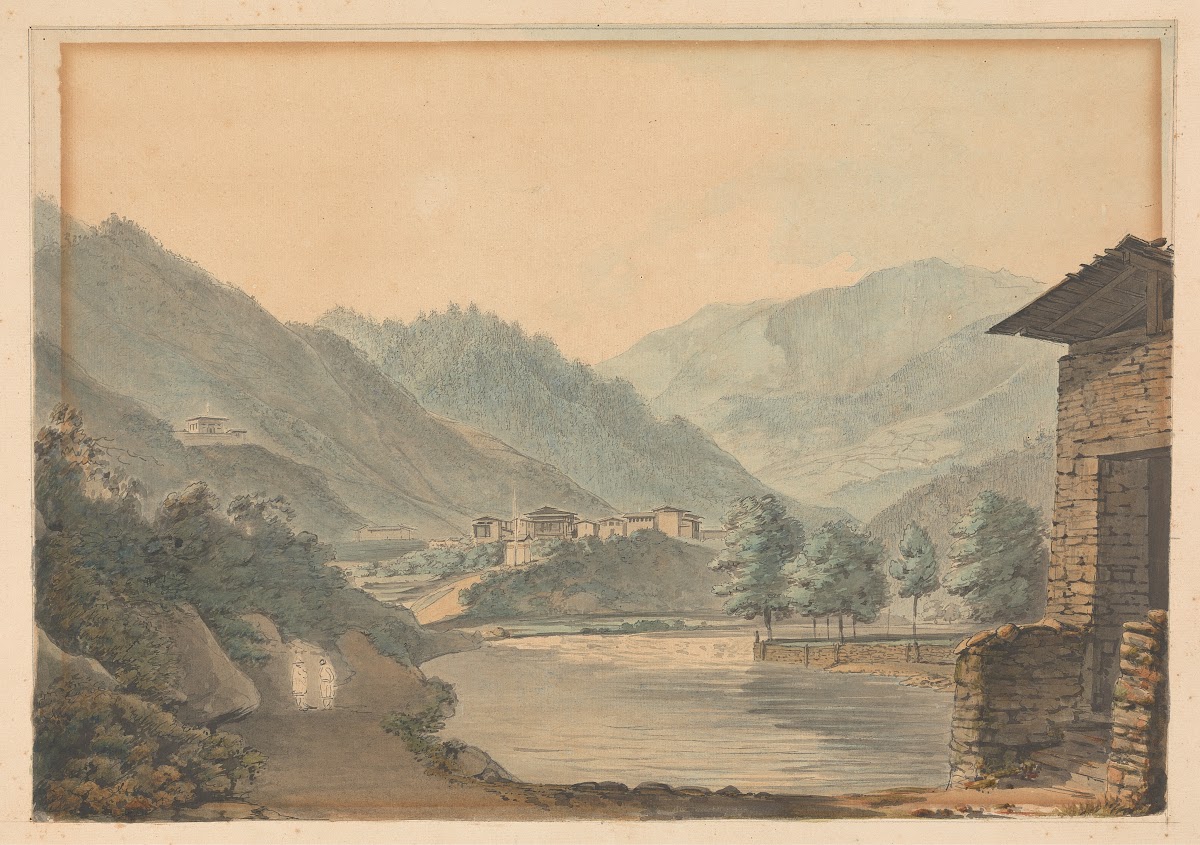 Mountainous Scene with Buildings and River