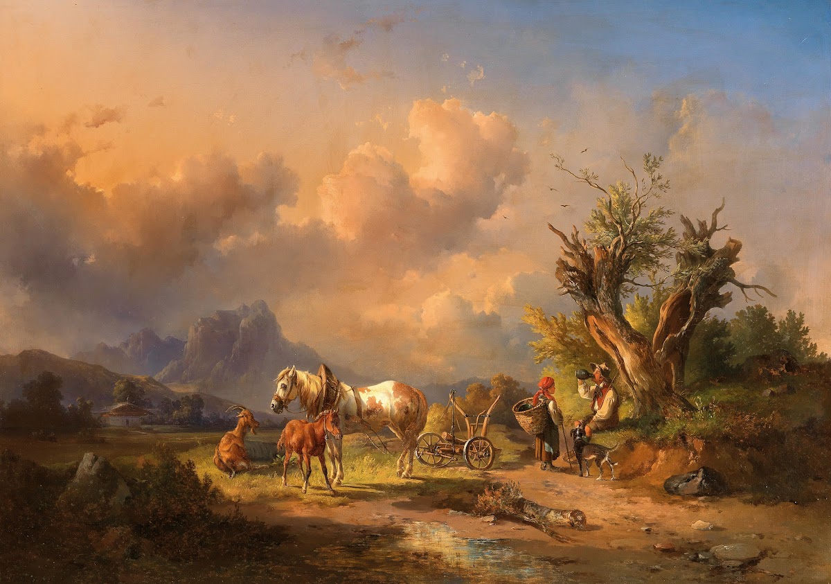 A peasant resting with grazing animals and a foal 1857