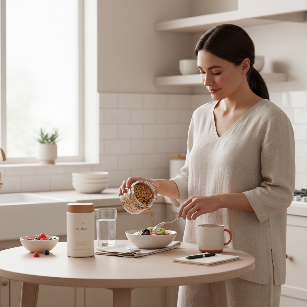 Woman preparing a balanced breakfast at a small table with Motus supplement jar, glass of water and notepad in a minimalist Tonum scene illustrating thermogenic supplements duration.