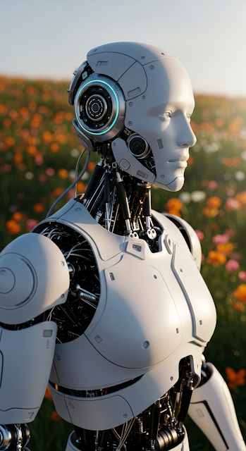 Close-up 3D Render of White Futuristic Robot in a Sunny Wildflower Meadow - Free mobile Wallpaper