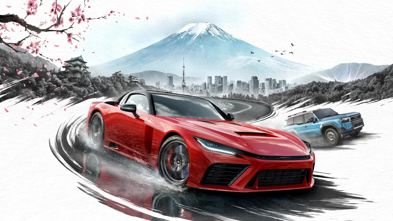 Red Sports Car Drifting Under Fuji - Digital Concept Art 4K Wallpaper (3840x2160)