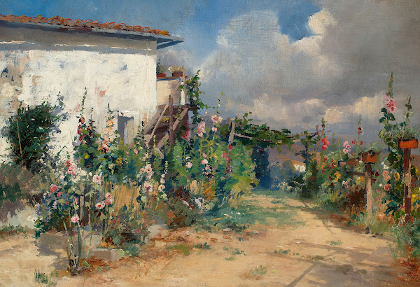 House with hollyhocks in the garden around 1880 90