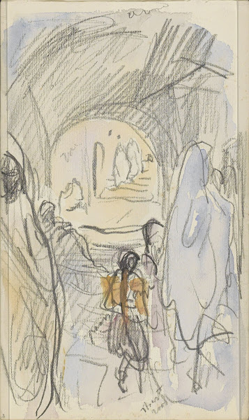 Straat met figuren bij een rondboog in Biskra 1922