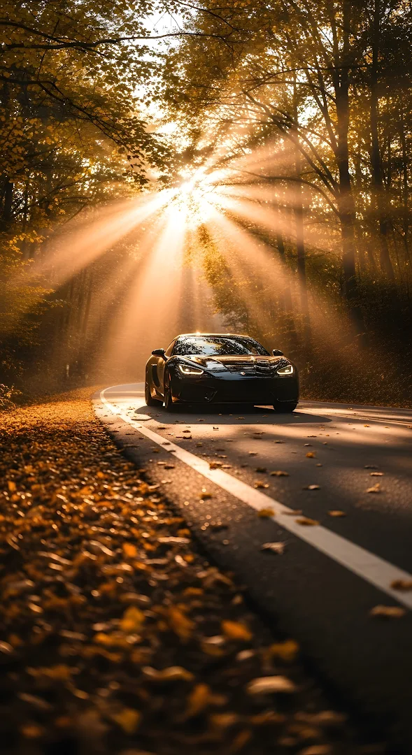 Exotic Sports Car Driving on Road in Autumn Forest Sun