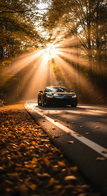 Exotic Sports Car Driving on Road in Autumn Forest Sun - Free mobile Wallpaper