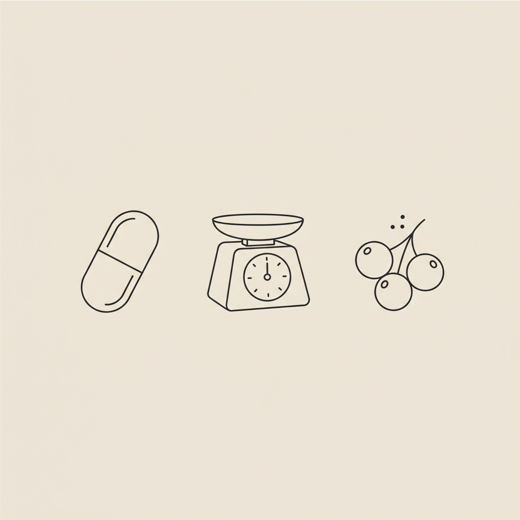 Minimalist vector line illustration of a capsule, a small scale, and a berry cluster on a flat beige background, consistent with Tonum branding — best weight loss pills