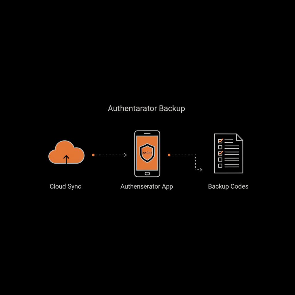 Minimal vector infographic of cloud, phone, and backup codes icons for Authenticator Backup on black background with brand colors — how to regain access to Hotmail account
