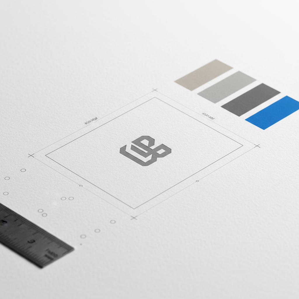 Close-up printed label mockup on textured white paper with logo lockup, margin guides, scattered color swatches (one in #1a5bfb accent) and a small ruler &mdash; is $100 a good price for a logo?