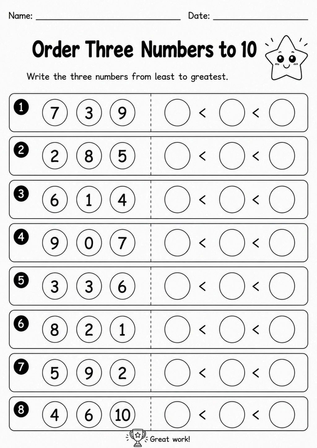 Order Three Numbers to 10 Worksheet