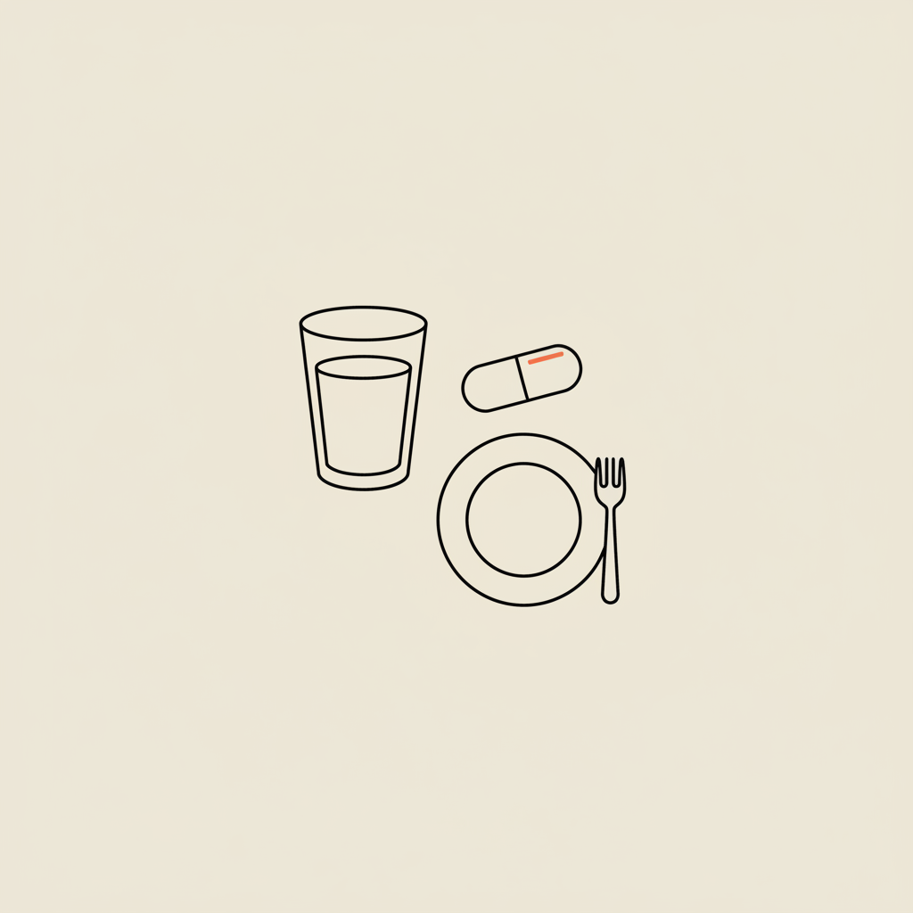 Minimalist line illustration of a water glass, plate with fork and a supplement capsule on beige background representing water and weight loss.