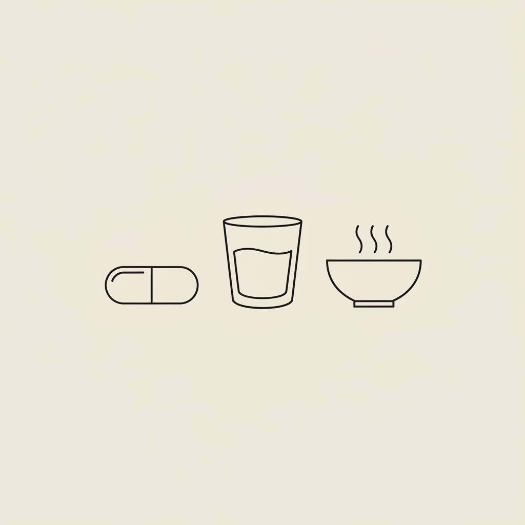 Minimalist line illustration of a capsule, a small water glass, and an oat bowl on beige background — Is it safe to take fiber pills every day?