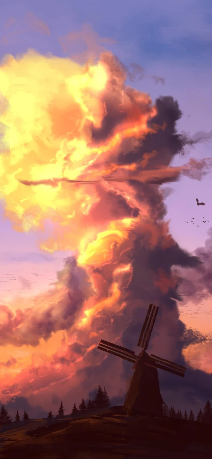 Windmill Under Fiery Sunset Clouds - Digital Illustration Full HD iPhone Wallpaper (1107x2398)