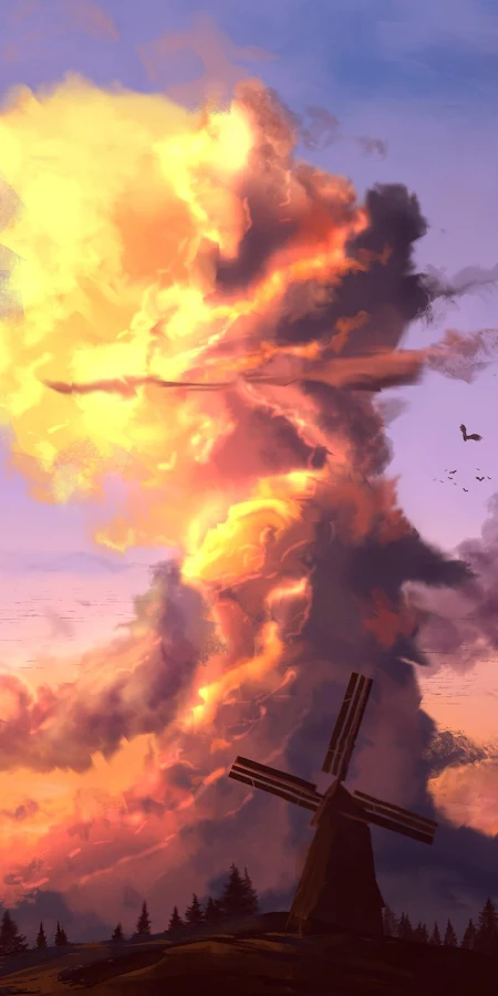 Windmill Under Fiery Sunset Clouds Full HD iPhone Phone Wallpaper