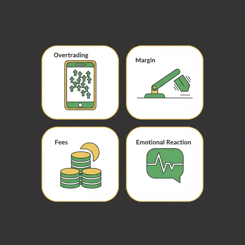 Minimalist 2D vector infographic with four icons showing common trading mistakes overtrading margin fees emotional reaction on dark background share trading for beginners