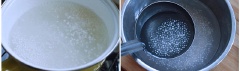Bắc nồi nước lên bếp đun sôi, sau đó cho bột báng vào luộc khoảng 5 phút ở lửa nhỏ thì tắt lửa, đổ ra thau nước lạnh rồi vớt ra.