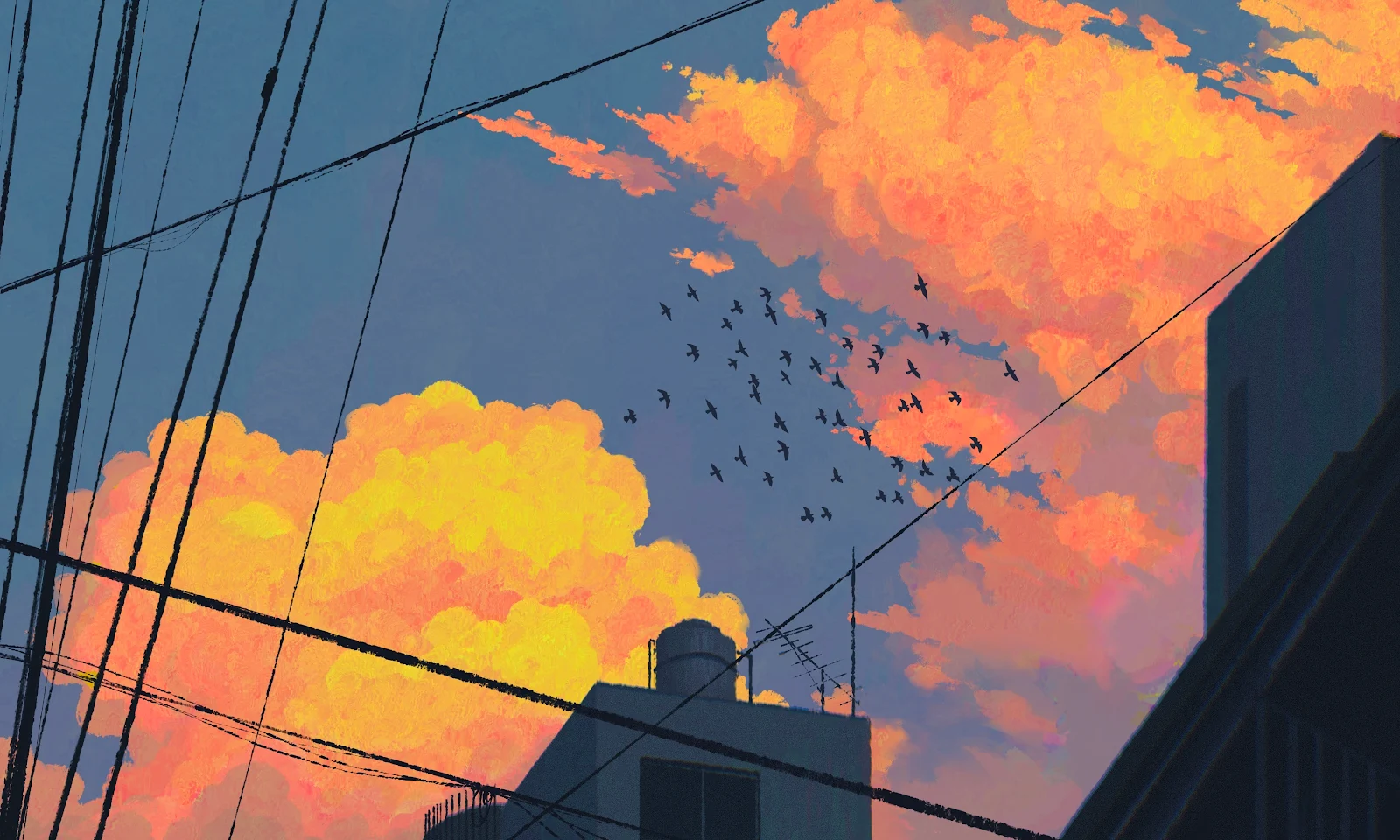 Dramatic Orange Sunset Over Wires - Digital Painting Aesthetic 2K Wallpaper (3500x2101)