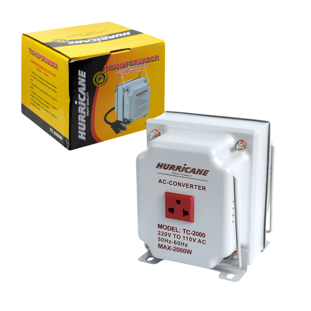 Transformador de Voltaje de 2000W Conversor de 220V AC a 110V AC con Tomacorriente Universal HURRICANE TC-2000