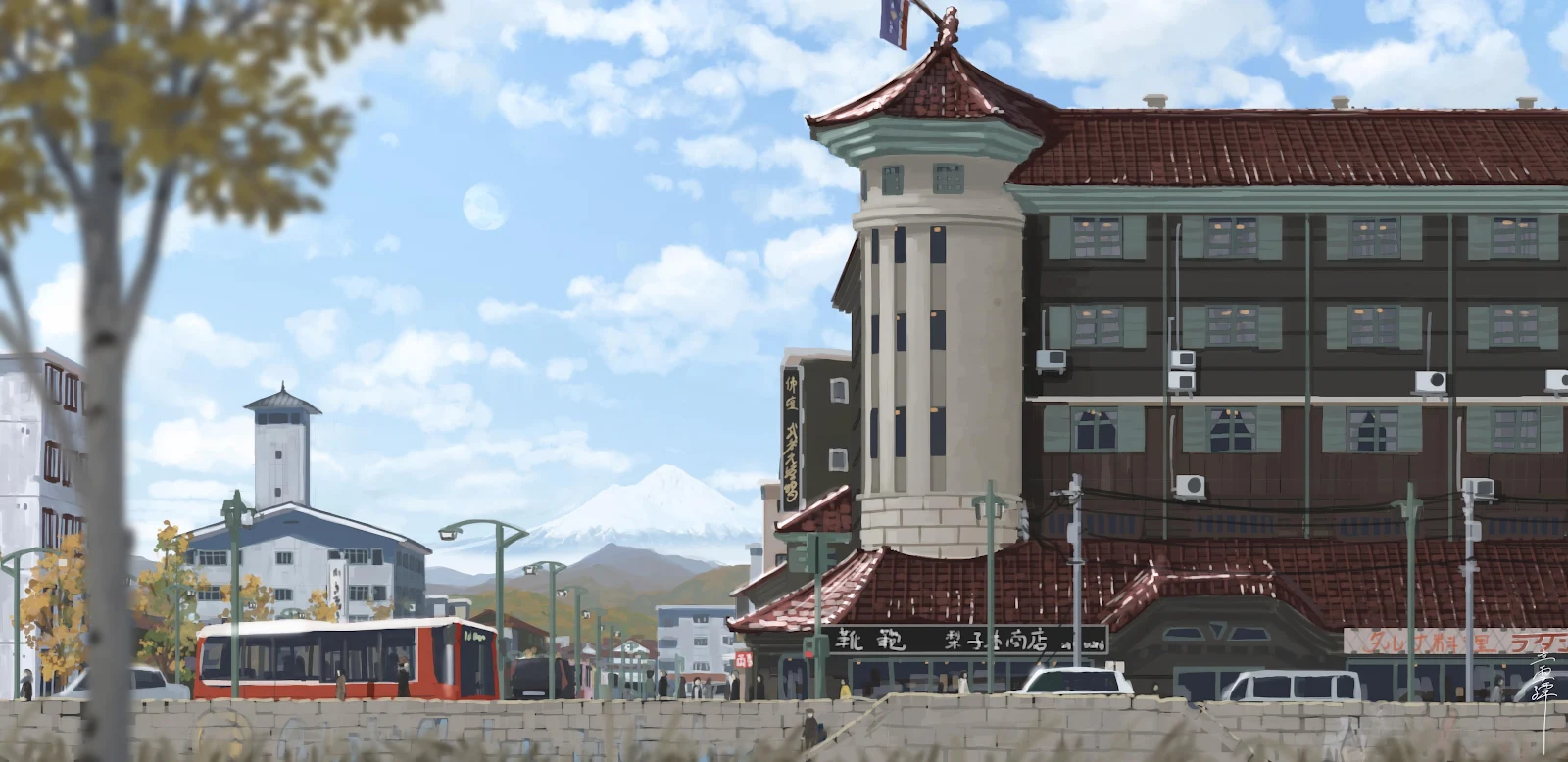 Mount Fuji Town View - Anime Illustration 4K Wallpaper (4440x2160)