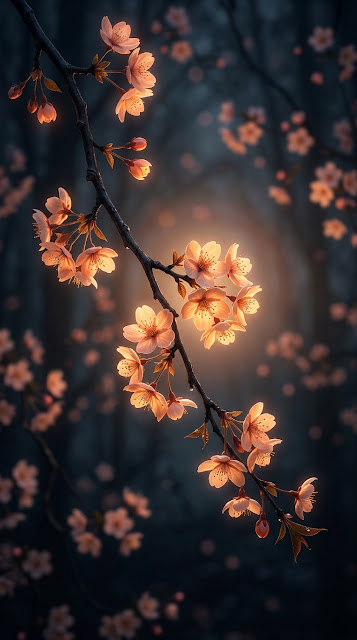Stylized Glowing Orange Cherry Blossom Branch on Dark Background - Free mobile Wallpaper