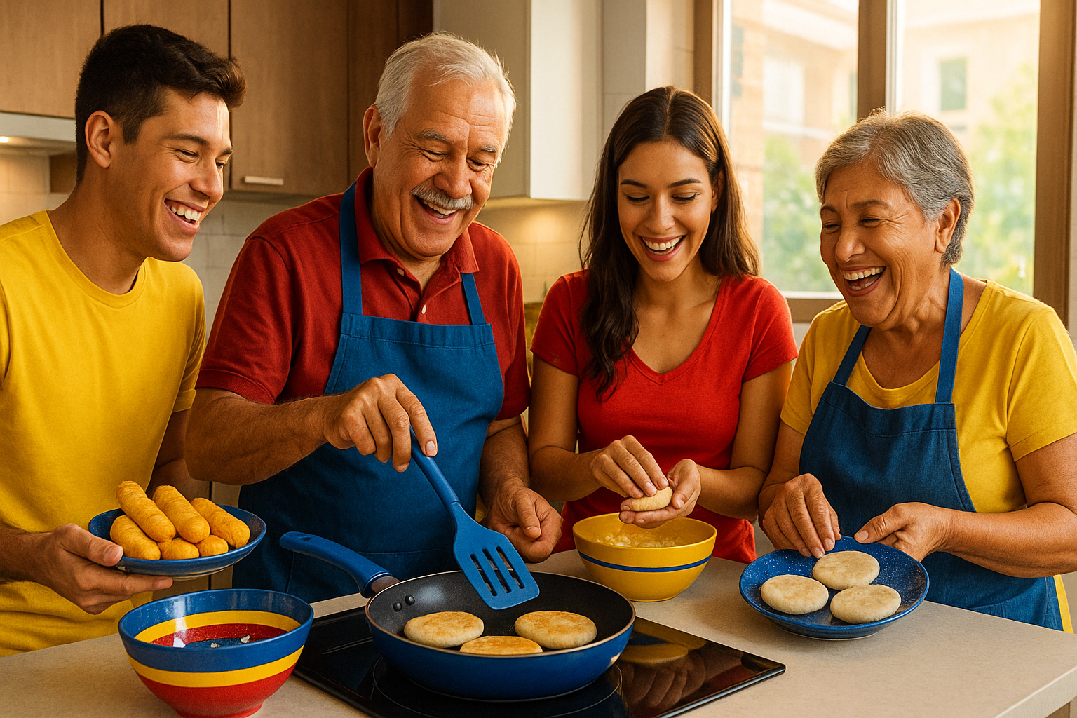 Cocineros venezolanos colaborando en una cocina compartida moderna