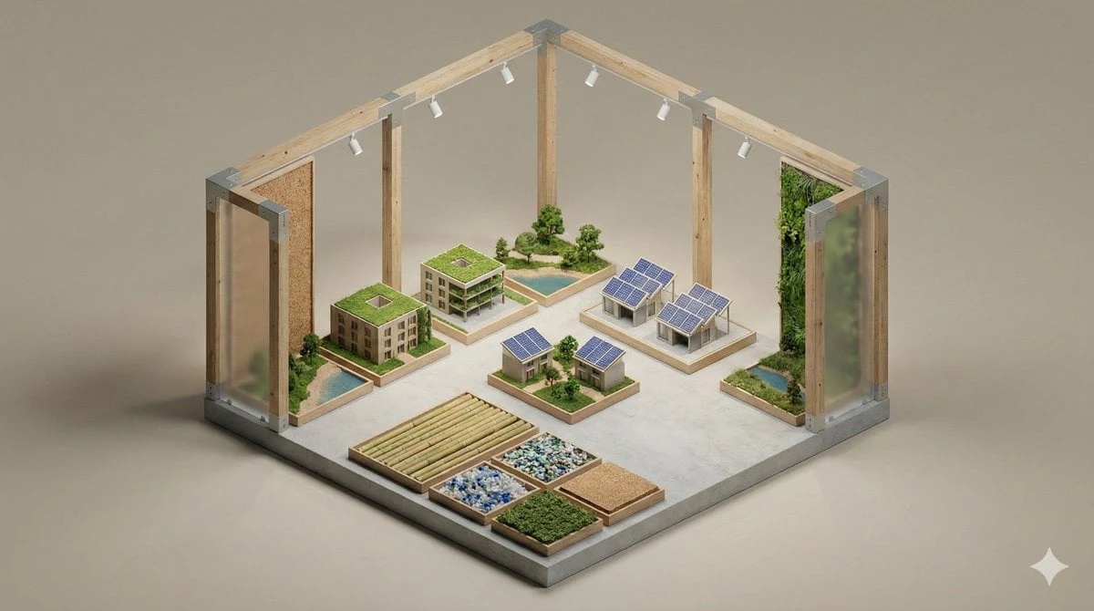Un diorama isométrico 3D limpio y minimalista de un [TIPO DE EXPOSICIÓN], que incluye un [OBJETOS DE PANTALLA] dispuesto dentro de un...