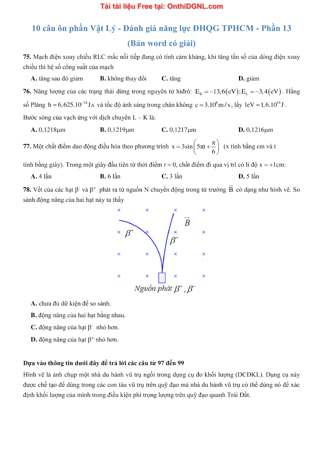 300 bài tập môn Vật Lý - Ôn thi ĐGNL ĐHQG TPHCM Phần 13