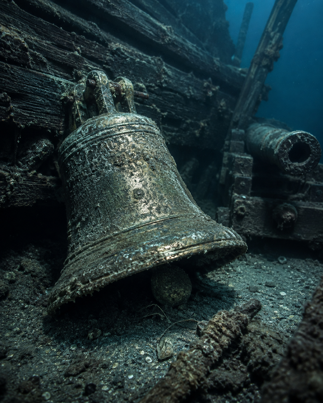 Historisches Schiffswrack mit Glocke und Kanone auf dem Meeresgrund – Teaserbild