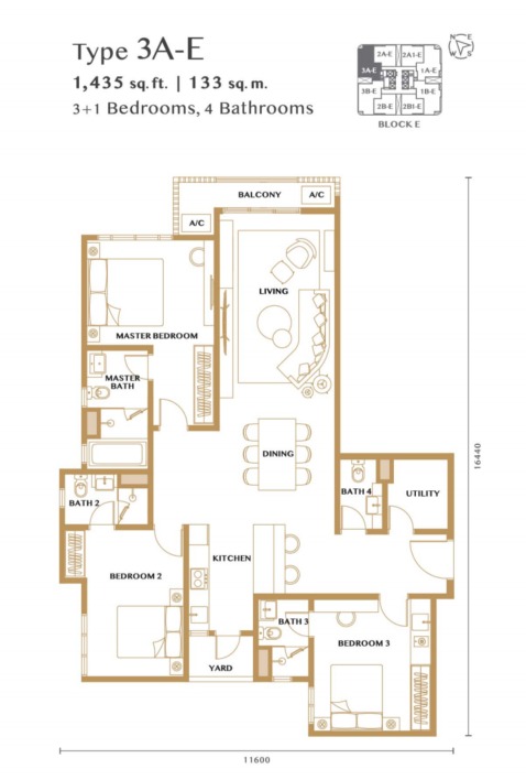 Bangsar Hill Park – Verdura (Tower D and E) Type 3A-E floor plan — 1408 sq ft, 3 bedrooms