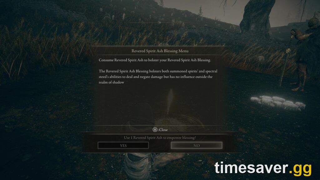 The Revered Spirit Ash Blessing upgrade option in the Site of Grace menu in Shadow of the Erdtree