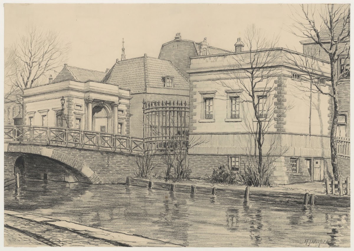 Kommiezenhuisjes zuidoostzijde en gedeelte der Grote Houtbrug 1927