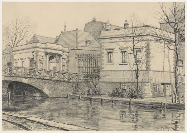 Kommiezenhuisjes zuidoostzijde en gedeelte der Grote Houtbrug 1927