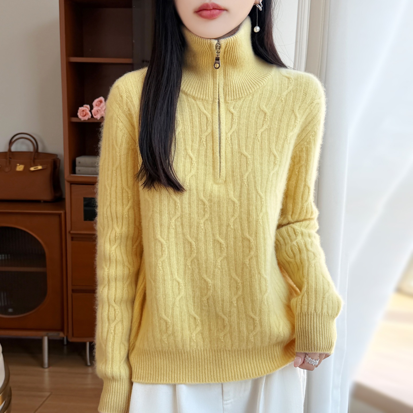 Damen-Wollpullover mit Reißverschluss und Zopfmuster