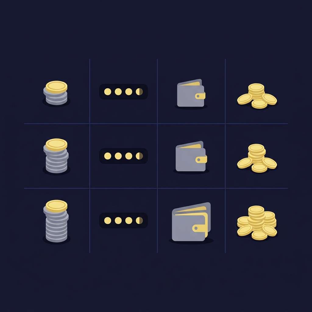 Minimalist 2D vector payout table visualizing three stakes with coin stacks and multiplier shown as three and a half dots to illustrate odds as decimal 3.5 with proportional total return and profit icons