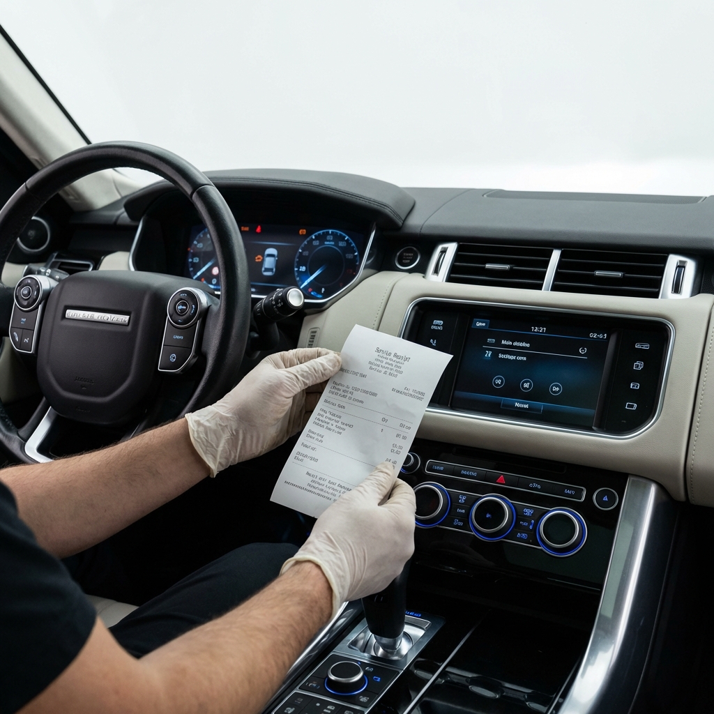 Close up Range Rover dashboard with warning lights dimmed and mechanic hands holding a service receipt on a clean white background, minimalist composition, range rovers for sale